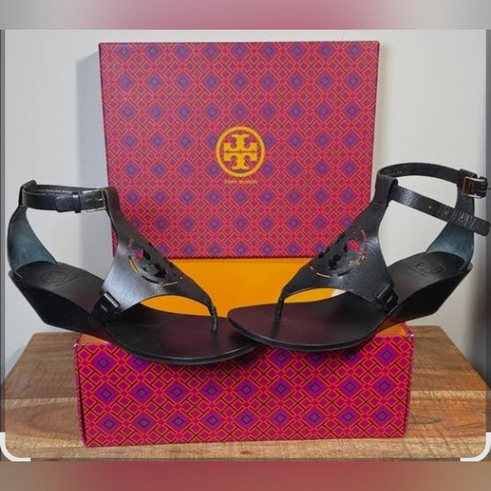 Tory Burch Black Zoey Nappa Wedge Sandals Heel Size 6